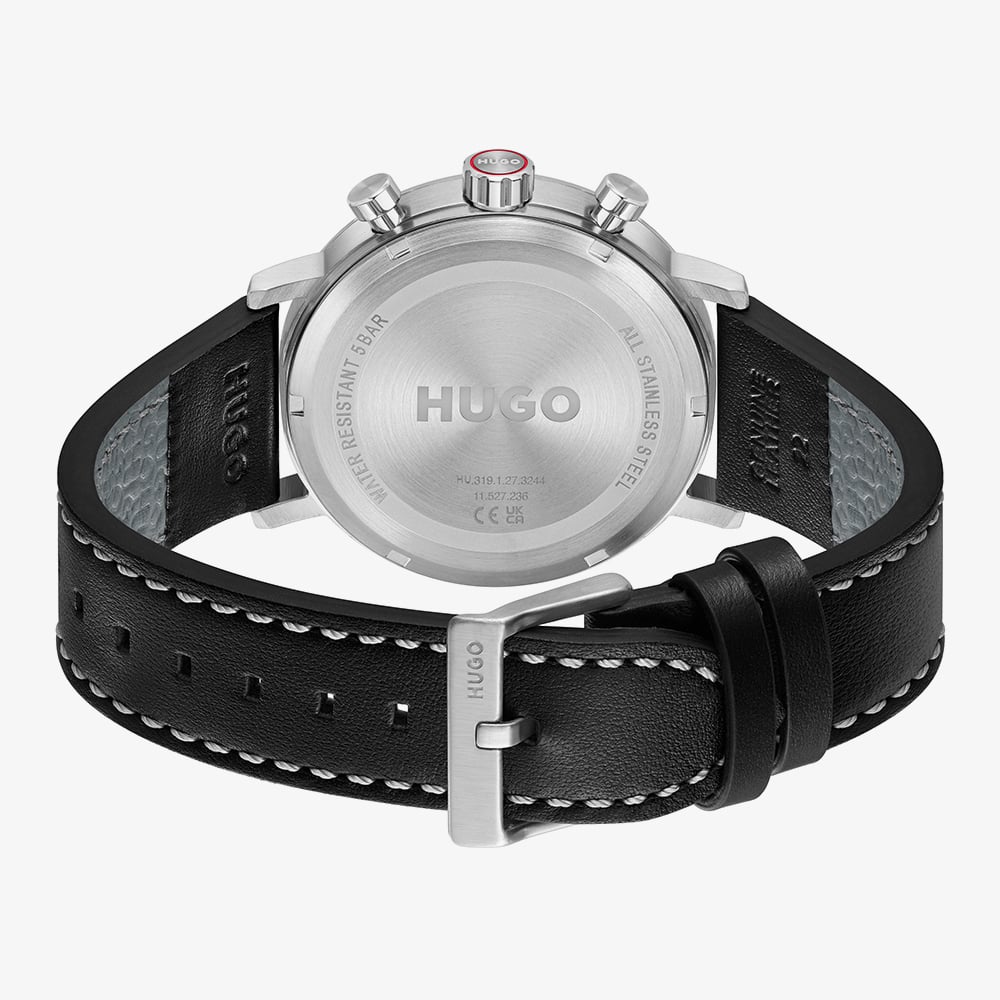 HUGO Mens #TakeOff Black Dial Leather Strap Watch 1530465