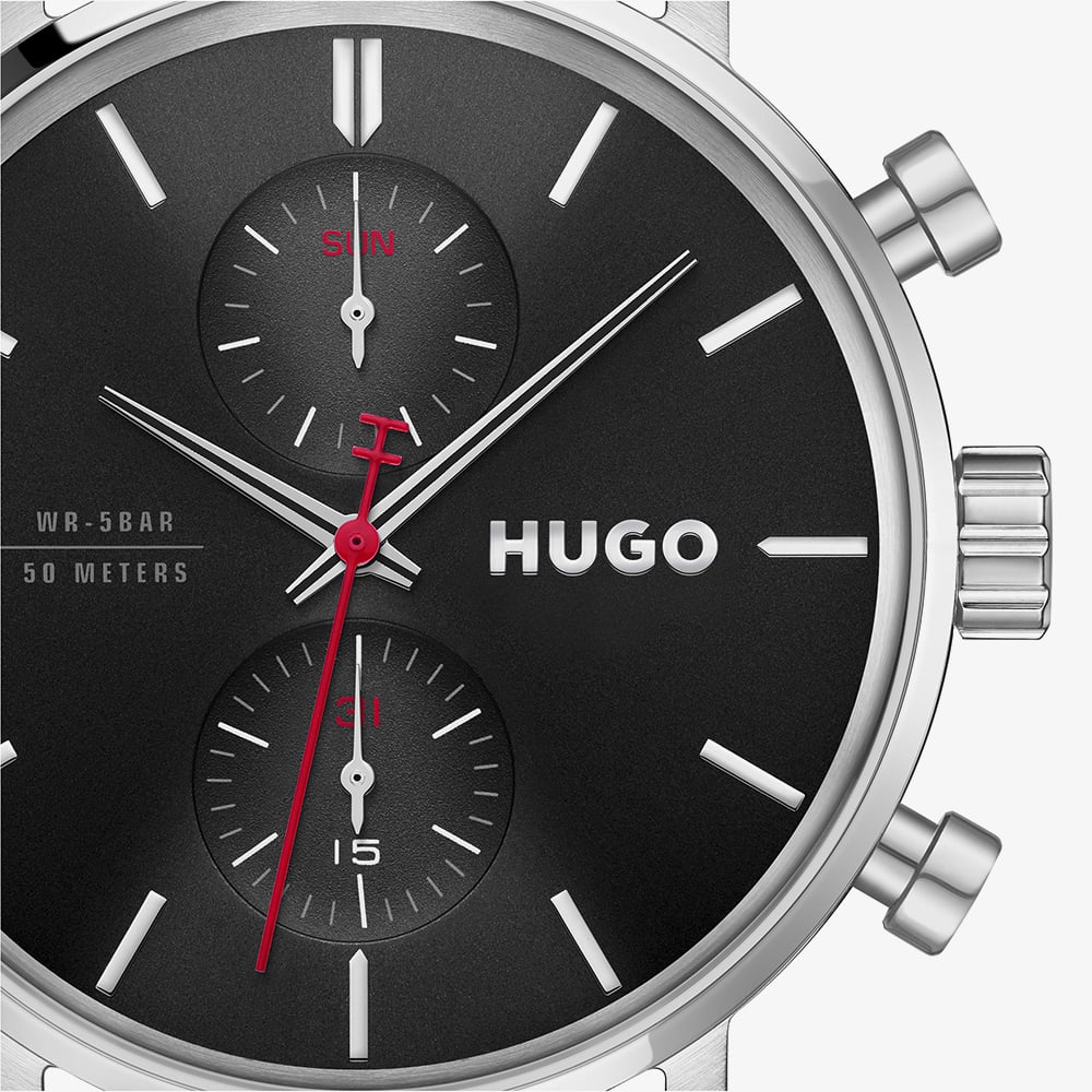 HUGO Mens #TakeOff Black Dial Leather Strap Watch 1530465