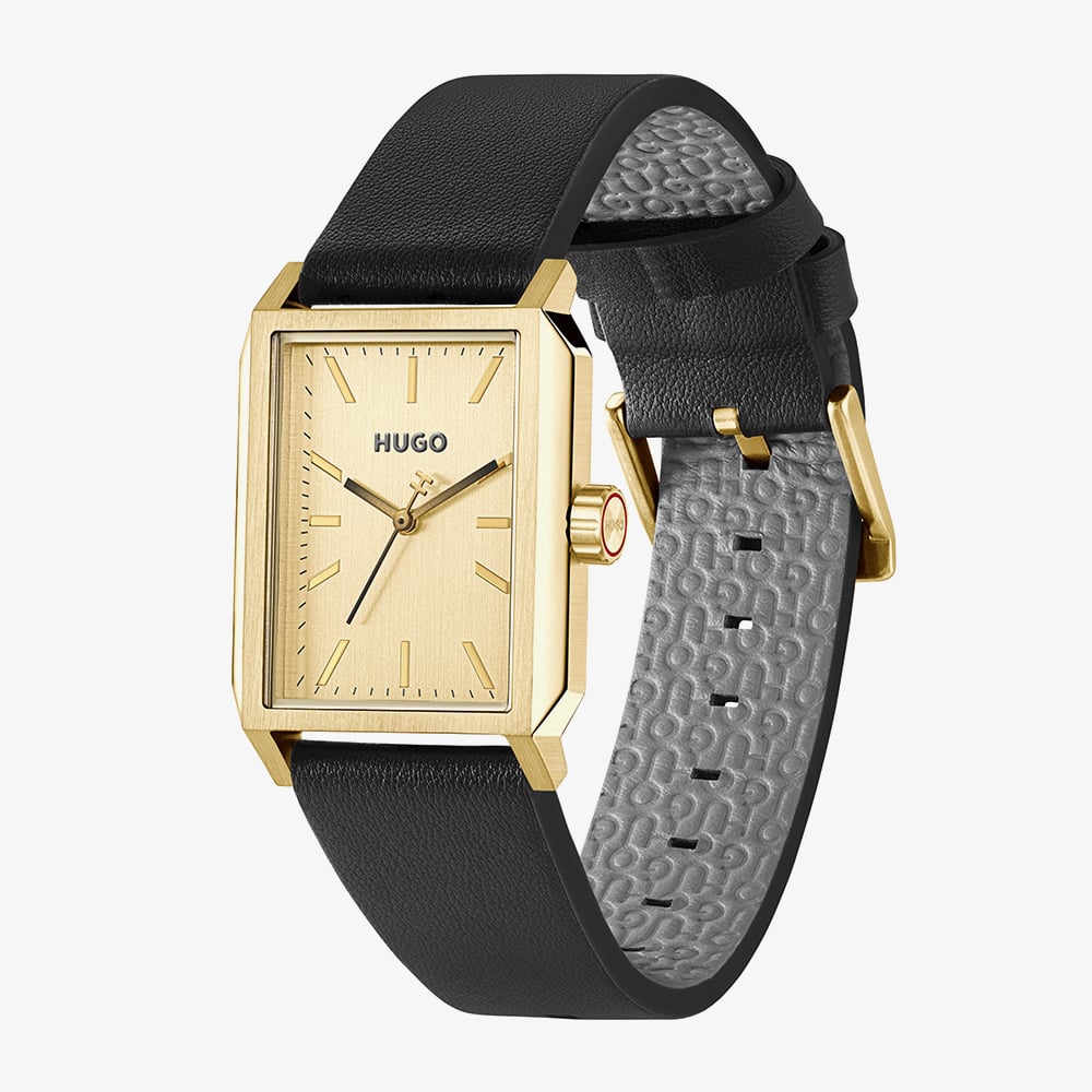 HUGO Mens #Steeze Rectangle Gold Dial Leather Strap Watch 1530481