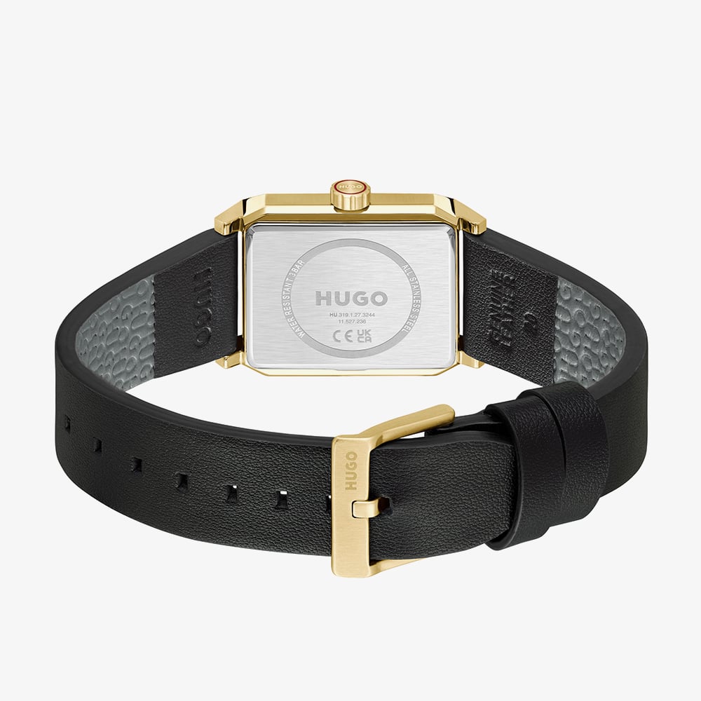 HUGO Mens #Steeze Rectangle Gold Dial Leather Strap Watch 1530481
