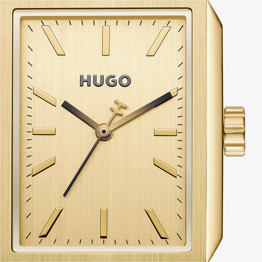 HUGO Mens #Steeze Rectangle Gold Dial Leather Strap Watch 1530481