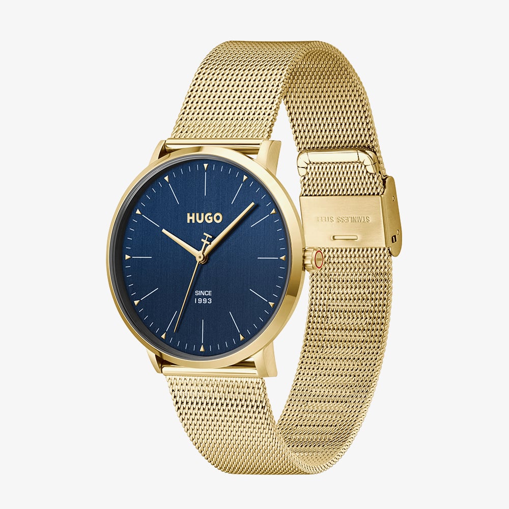 HUGO Mens #Style 3H Golden Blue Dial Mesh Bracelet Watch 1530473
