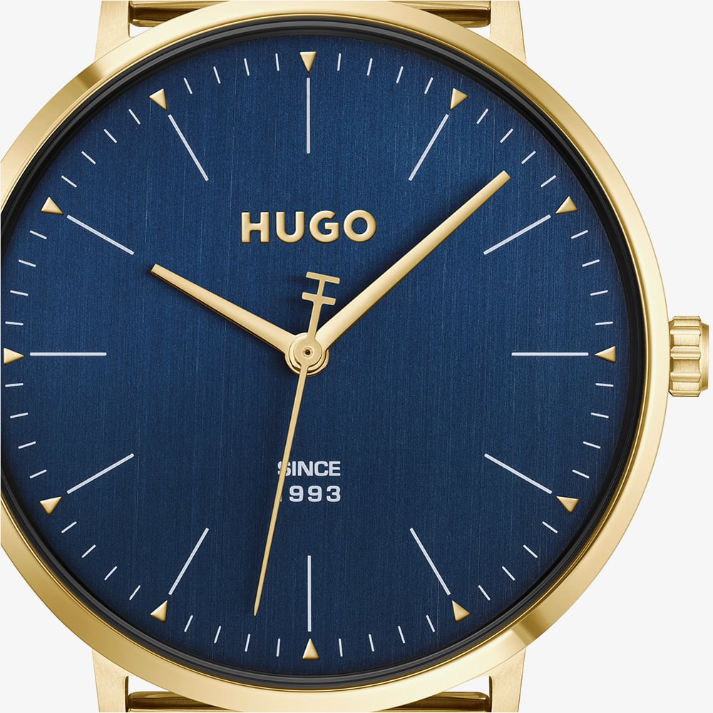 HUGO Mens #Style 3H Golden Blue Dial Mesh Bracelet Watch 1530473