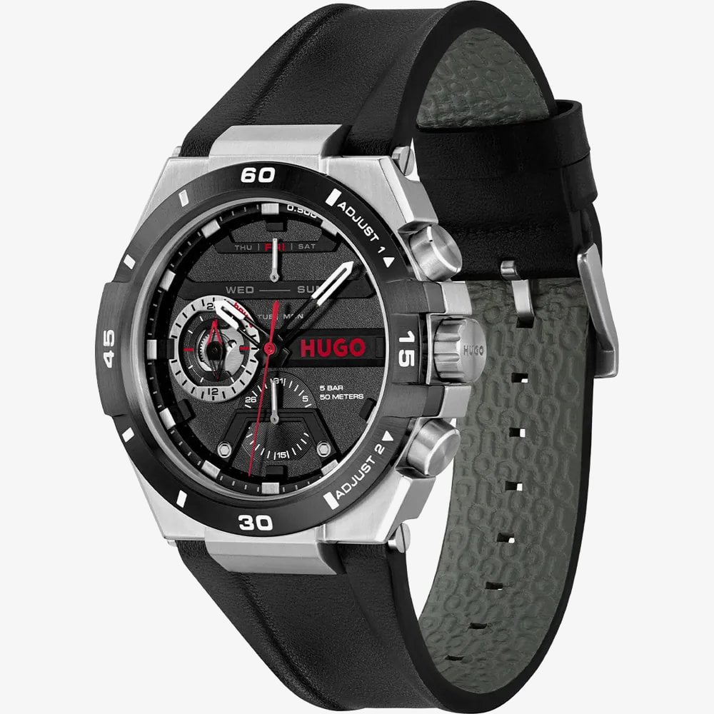 HUGO Mens #Wild Black Dial Leather Strap Watch 1530336