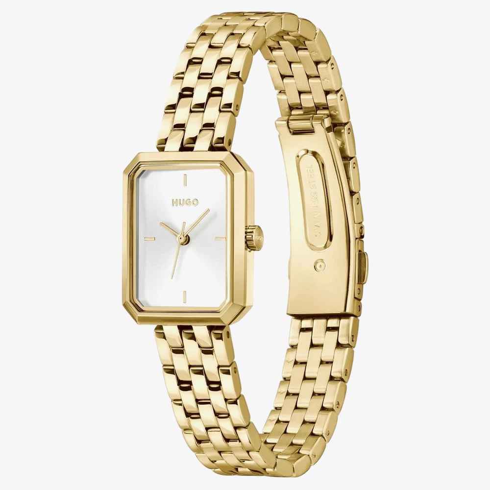 HUGO Ladies #Cosy Rectangle White Dial Golden Bracelet Watch 1540179