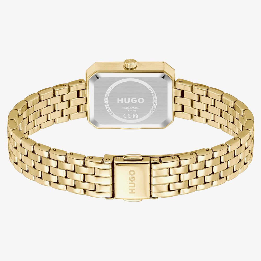 HUGO Ladies #Cosy Rectangle White Dial Golden Bracelet Watch 1540179