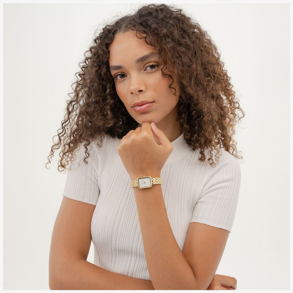 HUGO Ladies #Cosy Rectangle White Dial Golden Bracelet Watch 1540179