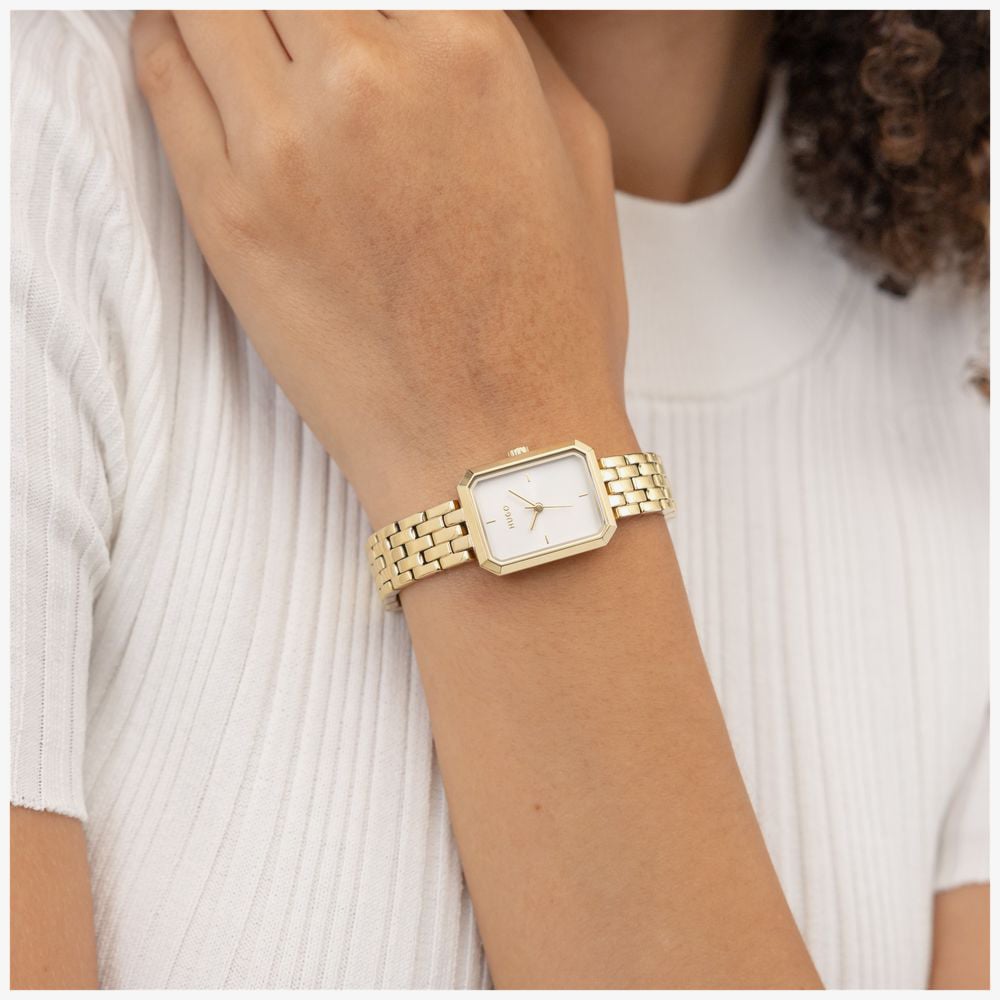 HUGO Ladies #Cosy Rectangle White Dial Golden Bracelet Watch 1540179