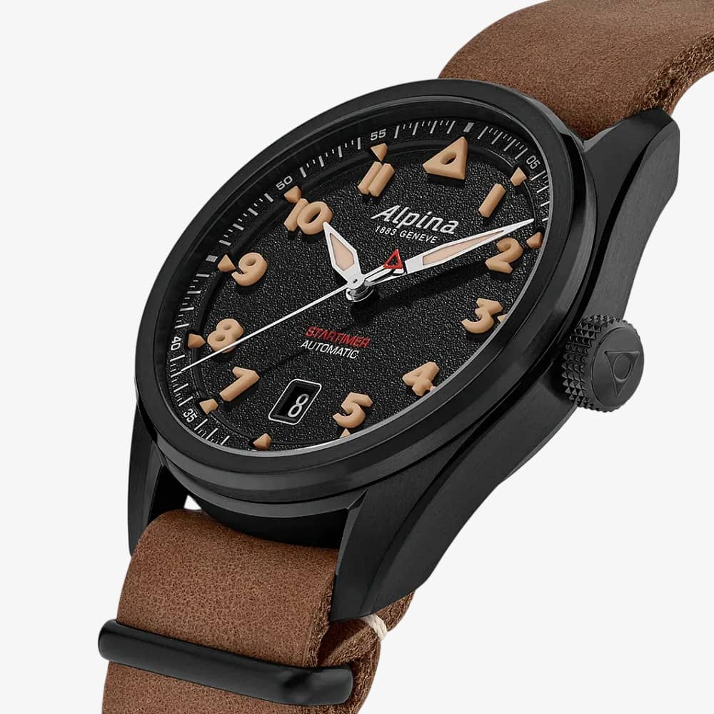 Alpina Mens Startimer Pilot Automatic Black Dial Leather Strap Watch AL-525BW4SB36