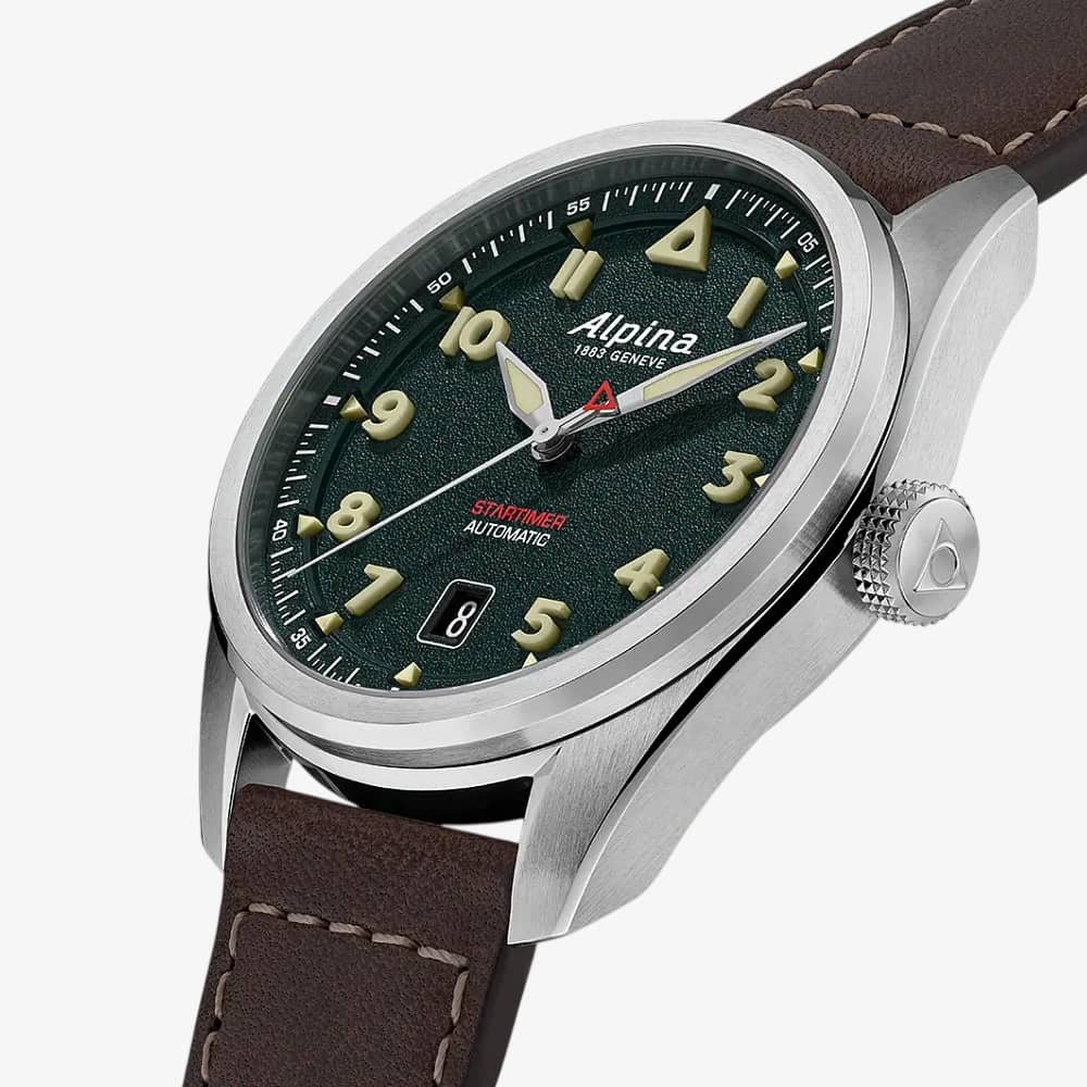 Alpina Mens Startimer Pilot Automatic Khaki Dial Leather Strap Watch AL-525KW4S36