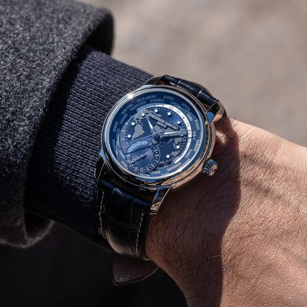 Frederique Constant Mens Classic Worldtimer Blue Leather Strap Watch FC-718NWM4H6