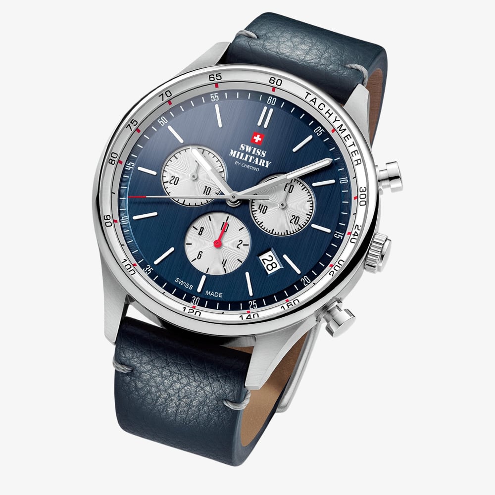 Swiss Military Mens Sports Chronograph Blue Dial Leather Strap Watch SM34081.08
