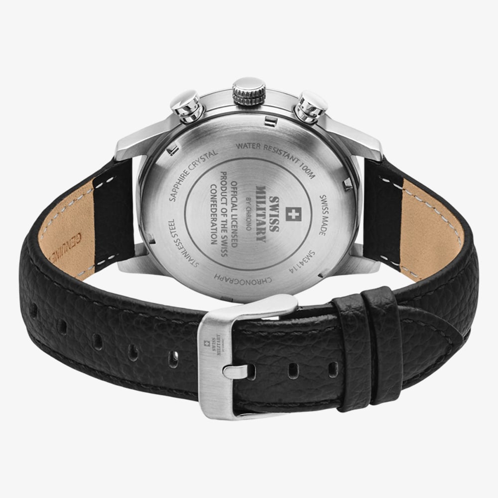 Swiss Military Mens Minimalist Chronograph White Dial Black Leather Strap Watch SM34114.09