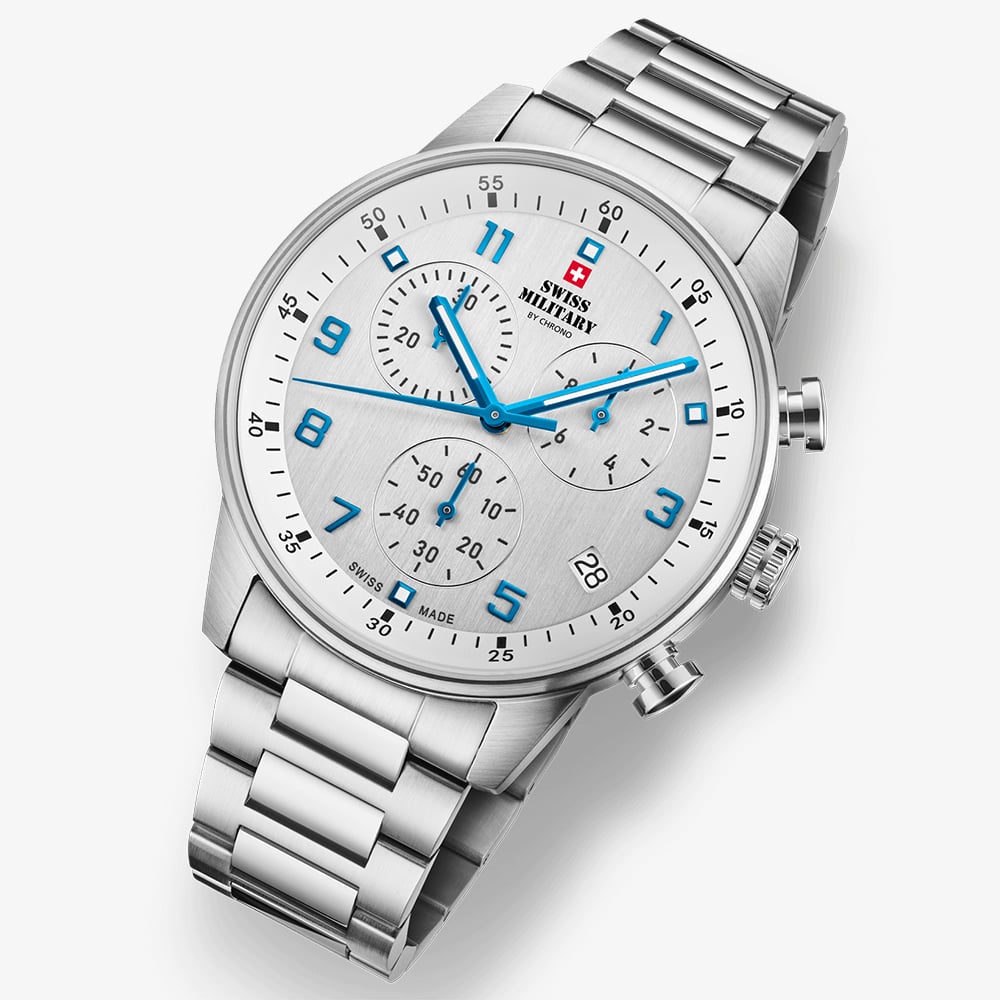 Swiss Military Mens Minimalist Chronograph White Dial Bracelet Watch SM34114.03