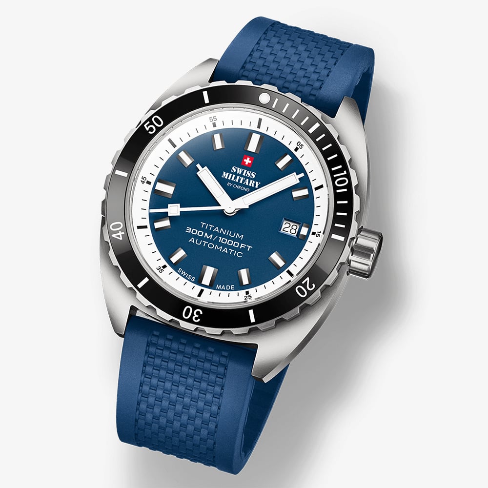 Swiss Military Mens Titanium 300 Blue Dial Rubber Strap Watch SMA34100.09