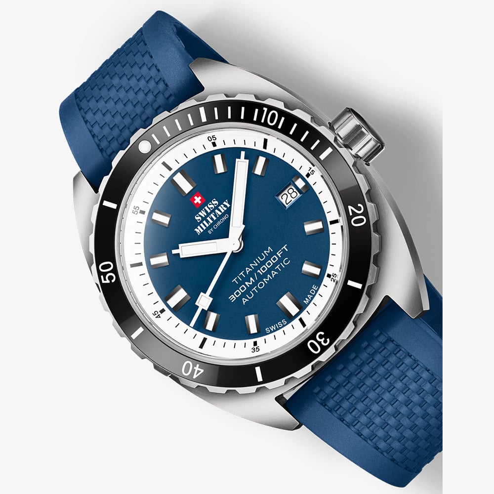 Swiss Military Mens Titanium 300 Blue Dial Rubber Strap Watch SMA34100.09