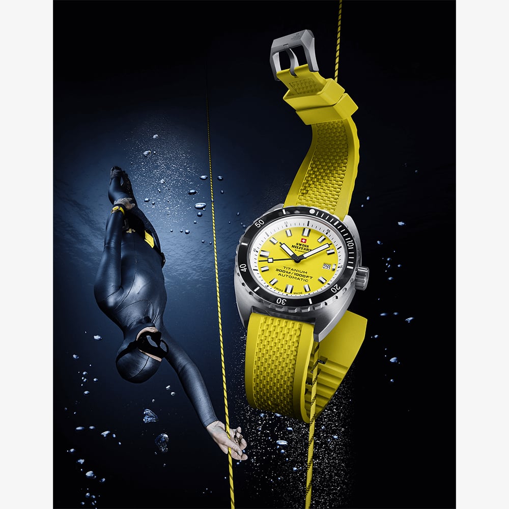 Swiss Military Mens Titanium 300 Yellow Dial Rubber Strap Watch SMA34100.11