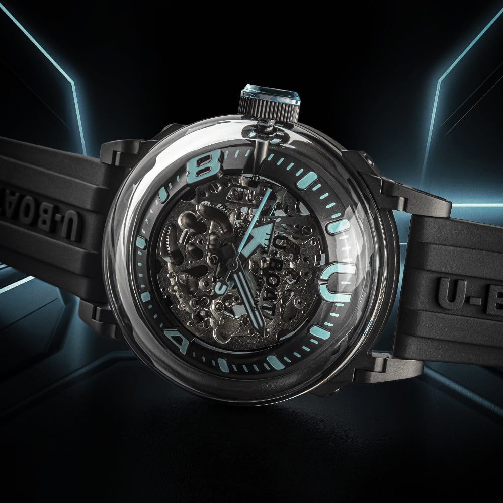 U-BOAT Mens U-65 Automatic Turquoise Skeleton Rubber Strap Watch 3348