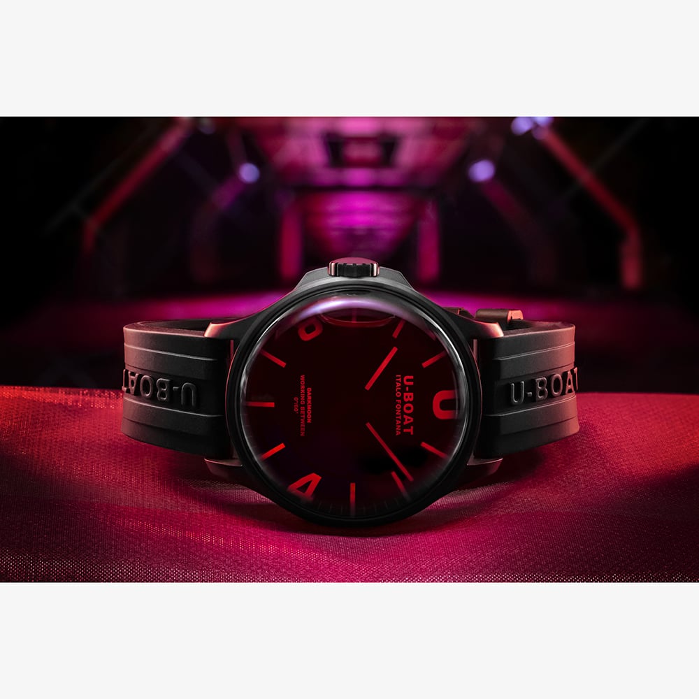U-BOAT Mens Darkmoon 46.5mm Red Glass Black Rubber Strap Watch 8466/D