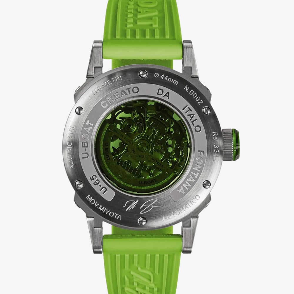 U-BOAT Mens U-65 Skeleton Dial Green Rubber Strap Watch U3344