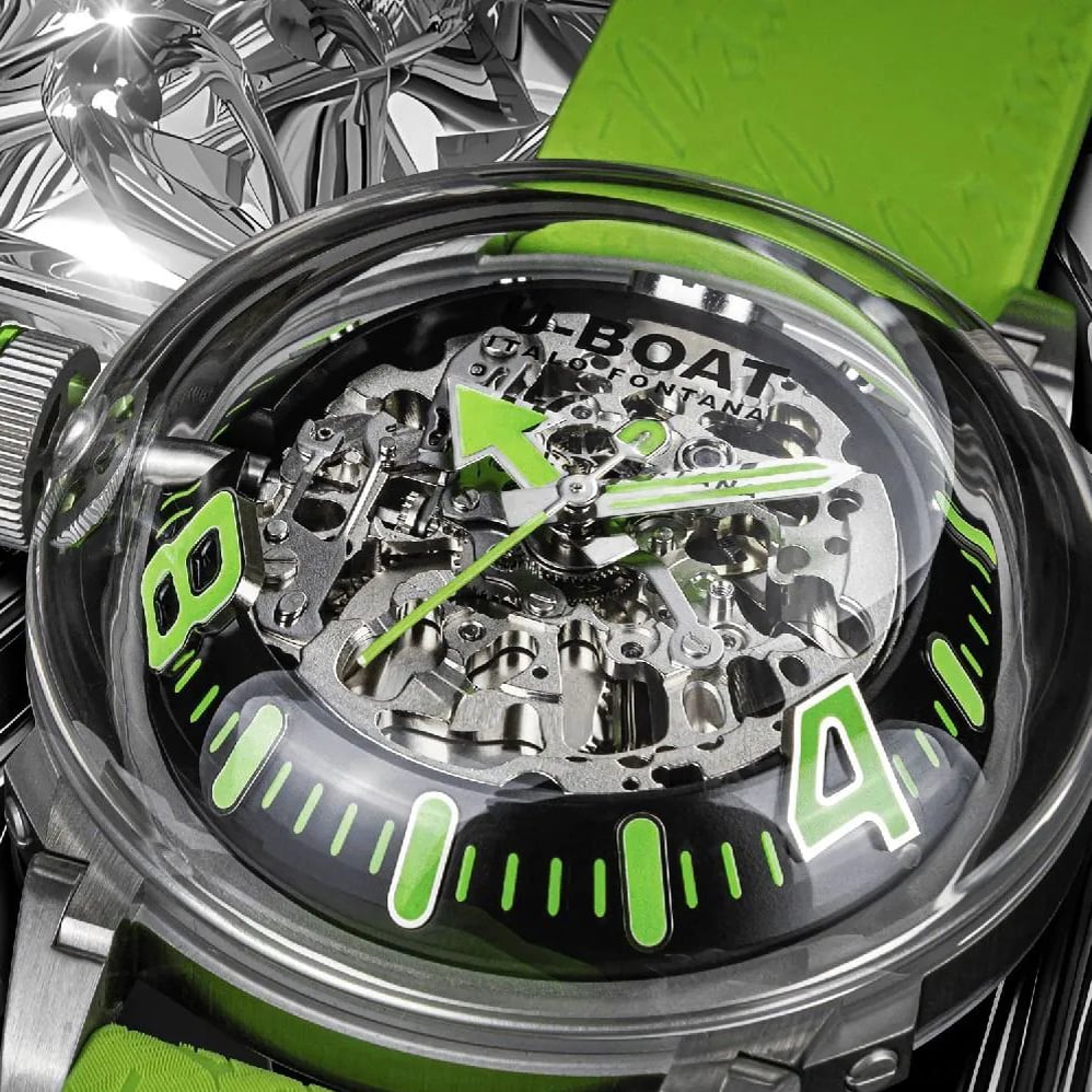 U-BOAT Mens U-65 Skeleton Dial Green Rubber Strap Watch U3344