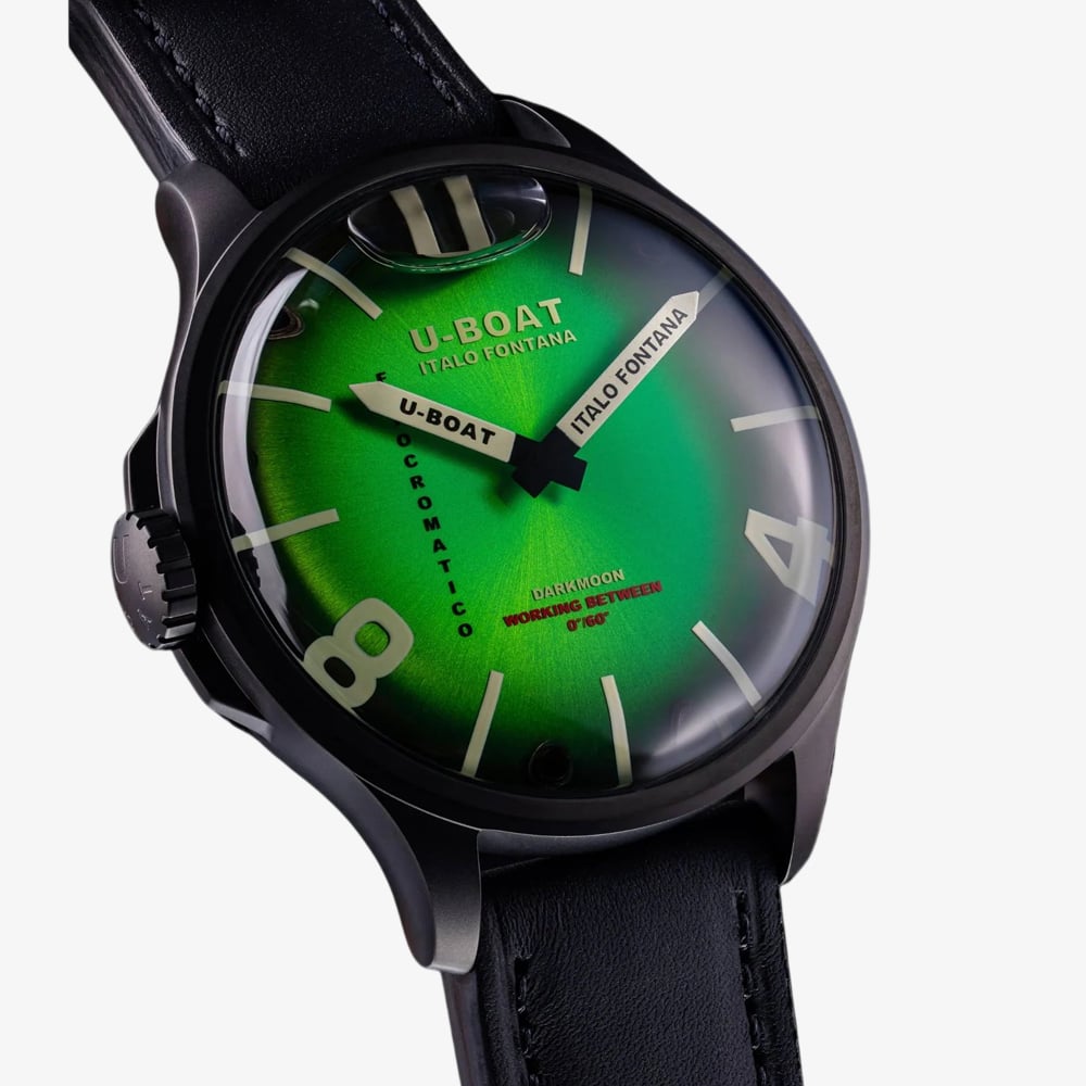 U-BOAT Mens Darkmoon Kama Green Multi-Tone Dial Black Leather Strap Watch U3343