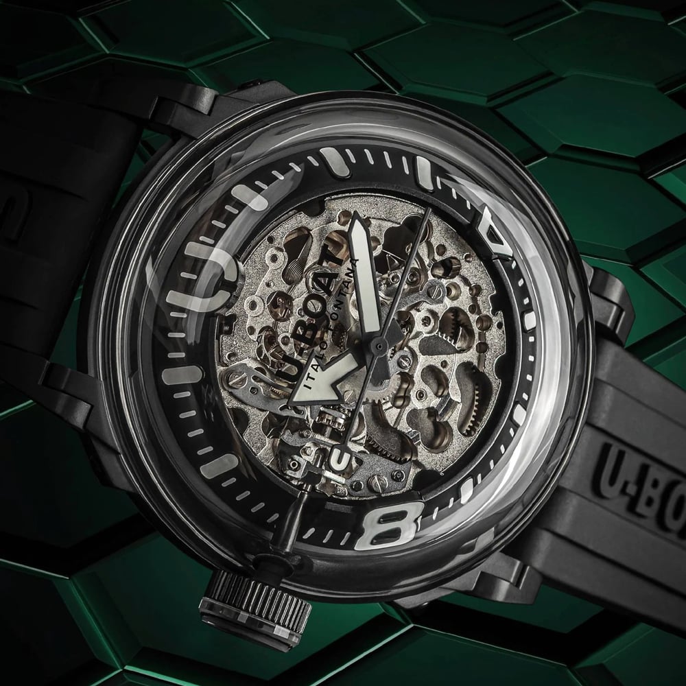 U-BOAT Mens U-65 Skeleton Dial Black Rubber Strap Watch U3349