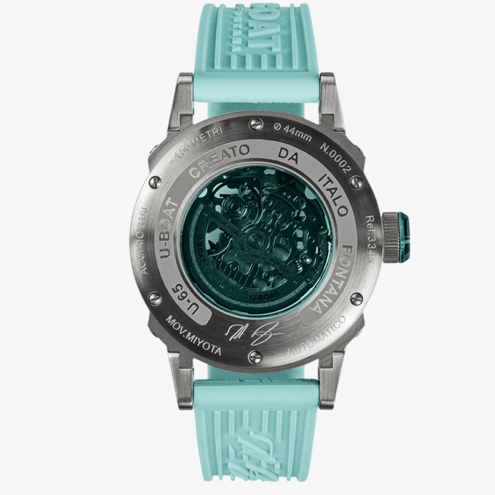 U-BOAT Mens U-65 Skeleton Dial Turquoise Rubber Strap Watch U3345