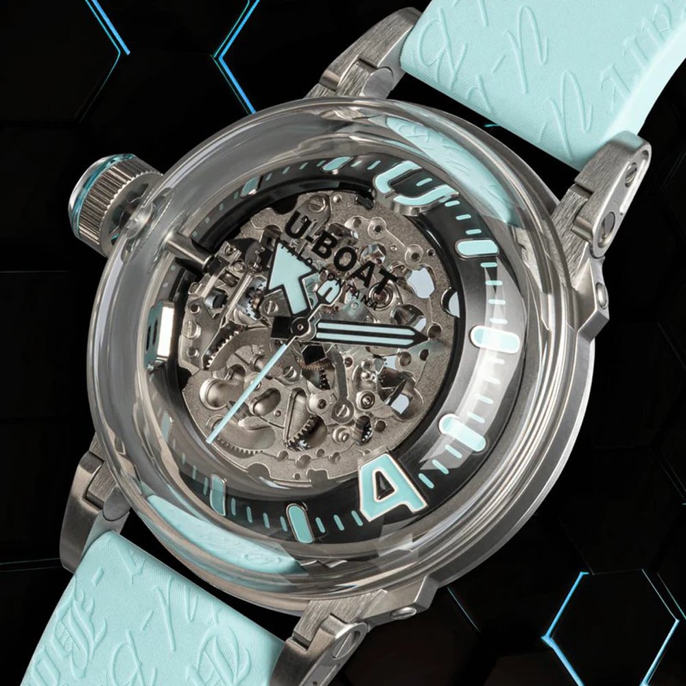 U-BOAT Mens U-65 Skeleton Dial Turquoise Rubber Strap Watch U3345