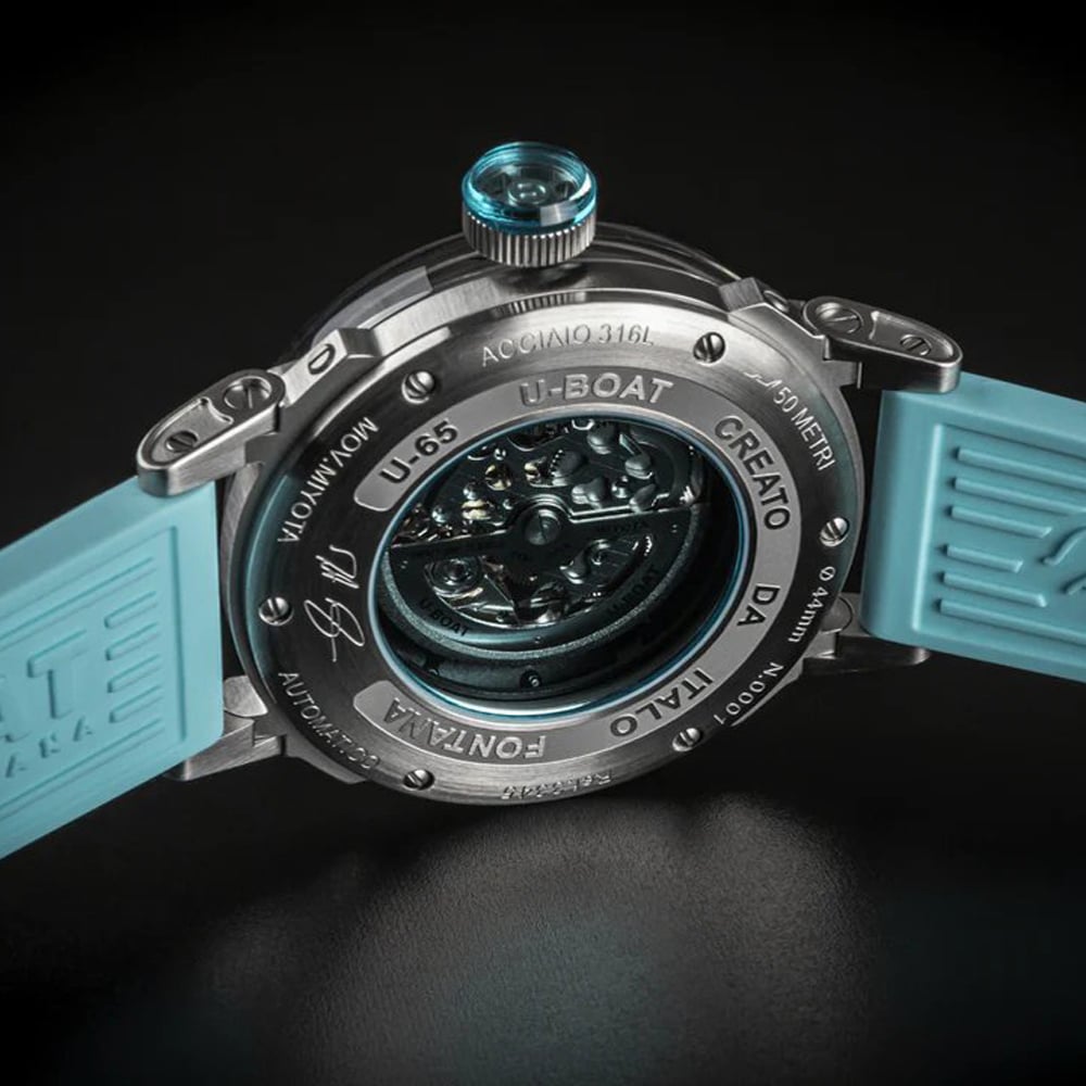 U-BOAT Mens U-65 Skeleton Dial Turquoise Rubber Strap Watch U3345