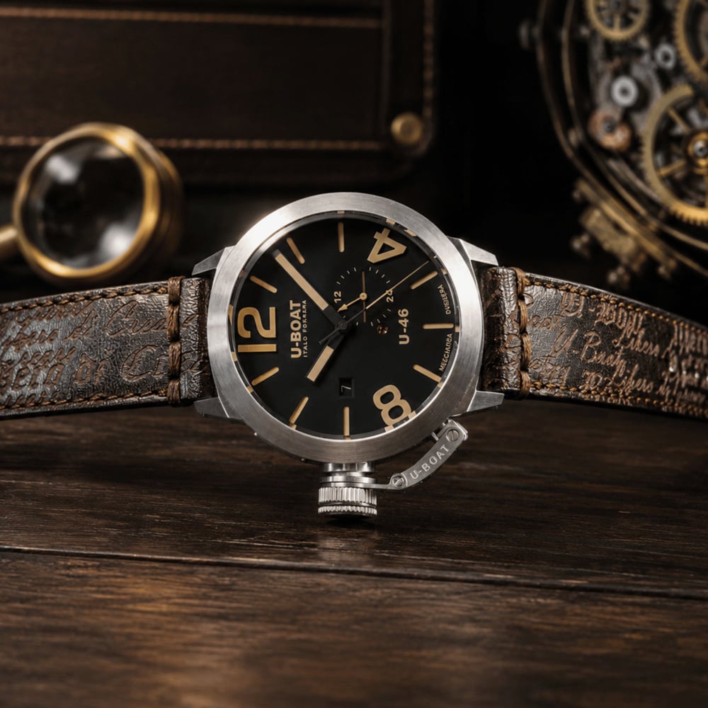 U-BOAT Mens Classico U-46 Black Dial Leather Strap Watch U4646