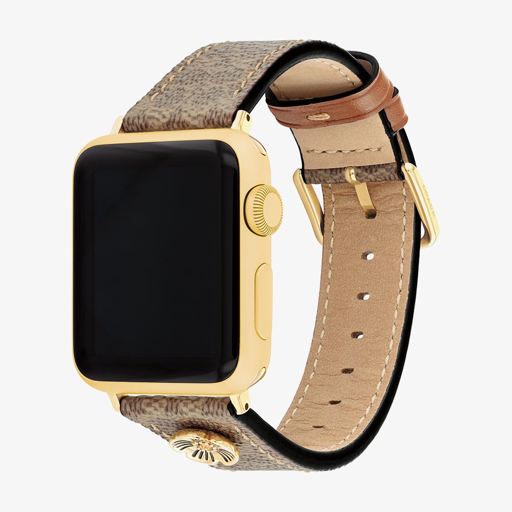 Coach Ladies Flower Motif Brown Leather Apple Watch Strap 14700235