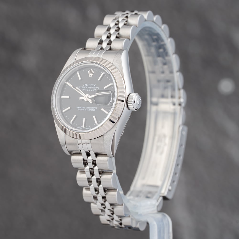 Pre-Owned Rolex Ladies Datejust Black Dial Silver Bracelet Watch 79174
