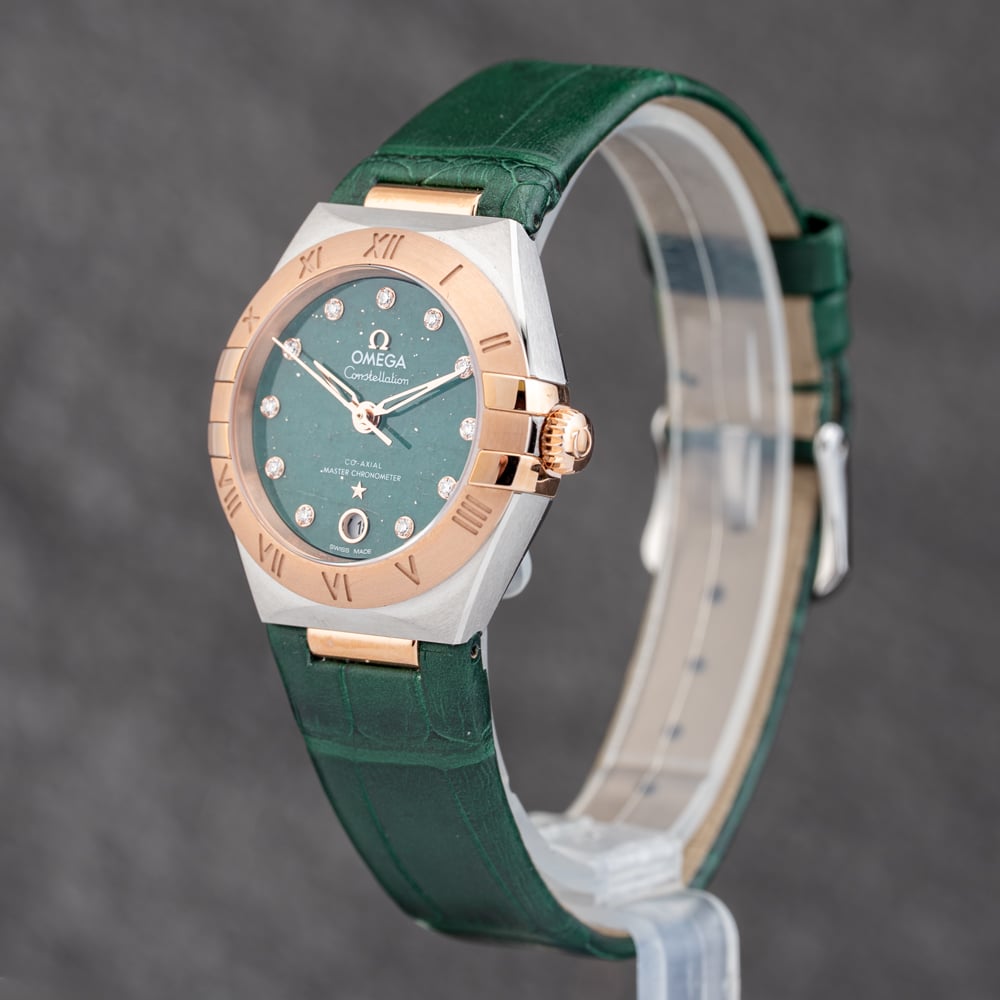 Pre-Owned OMEGA Ladies Constellation Diamond Green Leather Strap Watch 131.23.29.20.99.001
