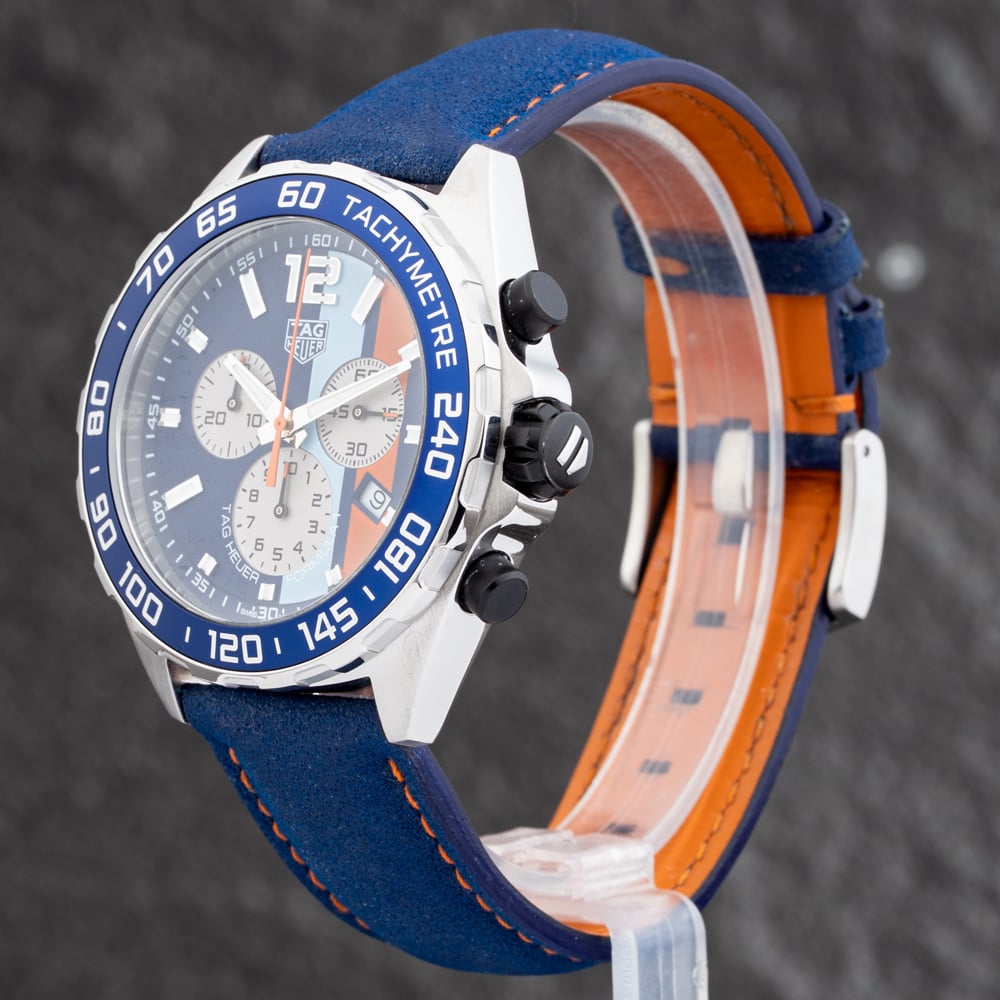 Pre-Owned TAG Heuer Mens Formula 1 Chronograph Gulf Special Edition Blue Leather Strap Watch CAZ101N.FC8243