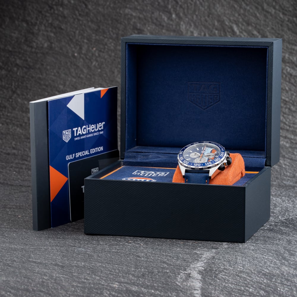 Pre-Owned TAG Heuer Mens Formula 1 Chronograph Gulf Special Edition Blue Leather Strap Watch CAZ101N.FC8243