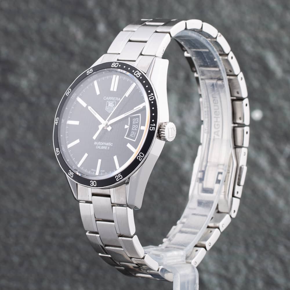 Pre-Owned TAG Heuer Mens Carrera Calibre 5 Black Dial Silver Bracelet Watch WV211M