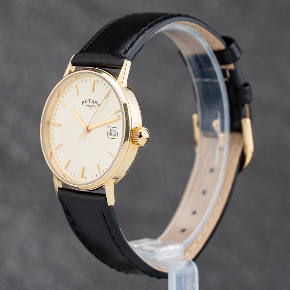 Pre-Owned Rotary Mens 18ct Gold Black Leather Strap Watch