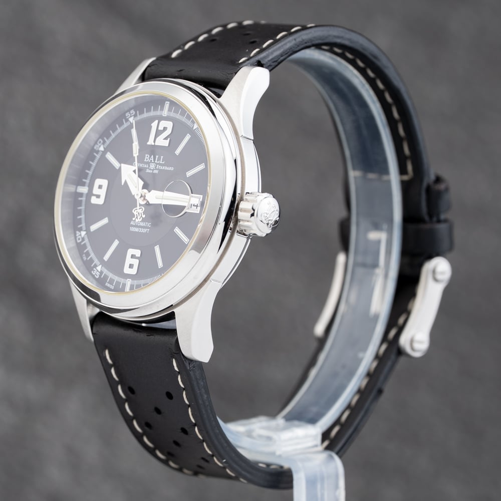Pre-Owned Ball Mens Fireman Racer D Black Leather Strap Watch NM2088C