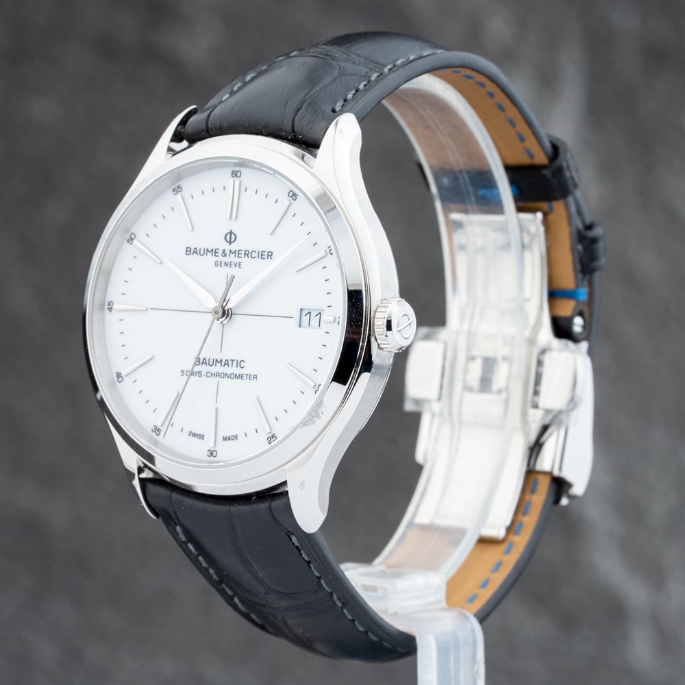 Pre-Owned Baume & Mercier Mens Clifton White Dial Leather Strap Watch 10518