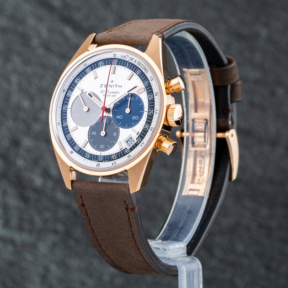 Pre-Owned Zenith Mens Chronomaster Original 18ct Rose Gold Silver Dial Leather Strap Watch 18.3200.3600/69.C901