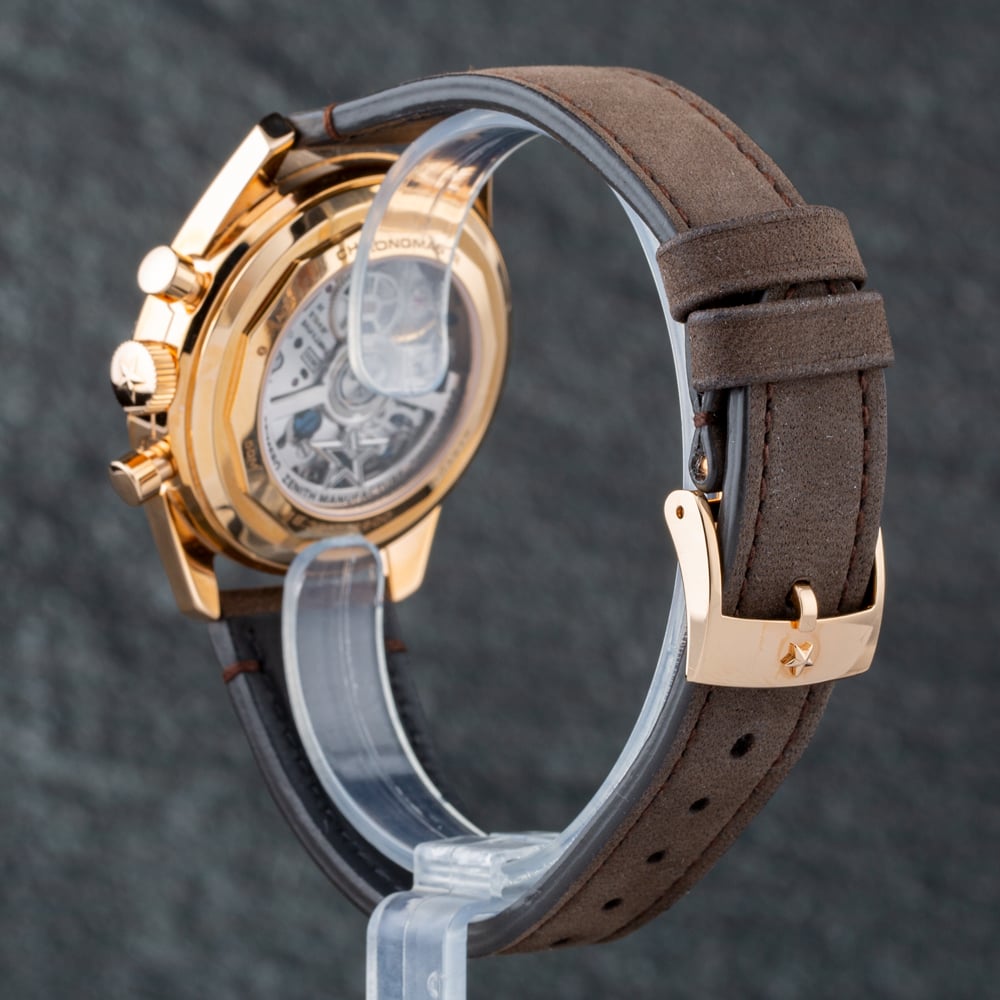 Pre-Owned Zenith Mens Chronomaster Original 18ct Rose Gold Silver Dial Leather Strap Watch 18.3200.3600/69.C901