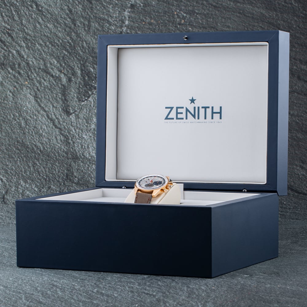 Pre-Owned Zenith Mens Chronomaster Original 18ct Rose Gold Silver Dial Leather Strap Watch 18.3200.3600/69.C901