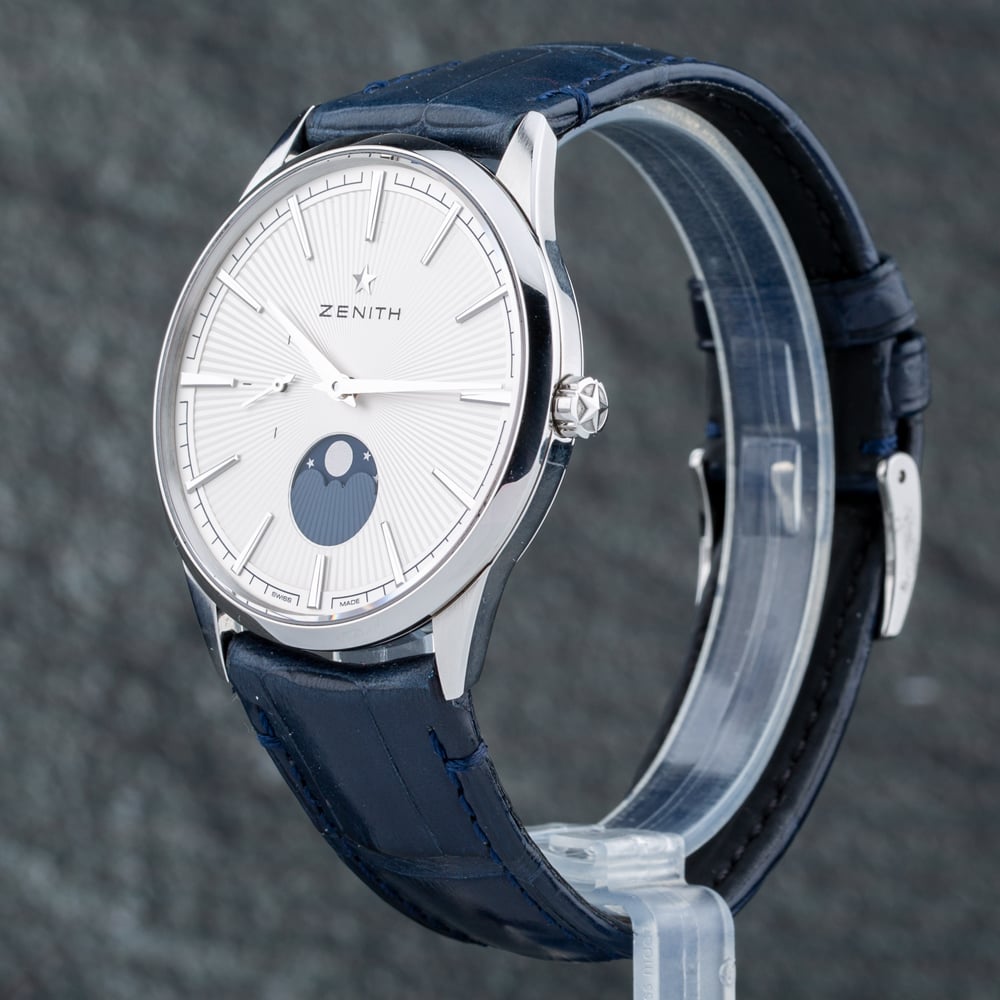 Pre-Owned Zenith Mens Elite Classic Moonphase Silver Dial Leather Strap Watch 03.3100.692/01.C922