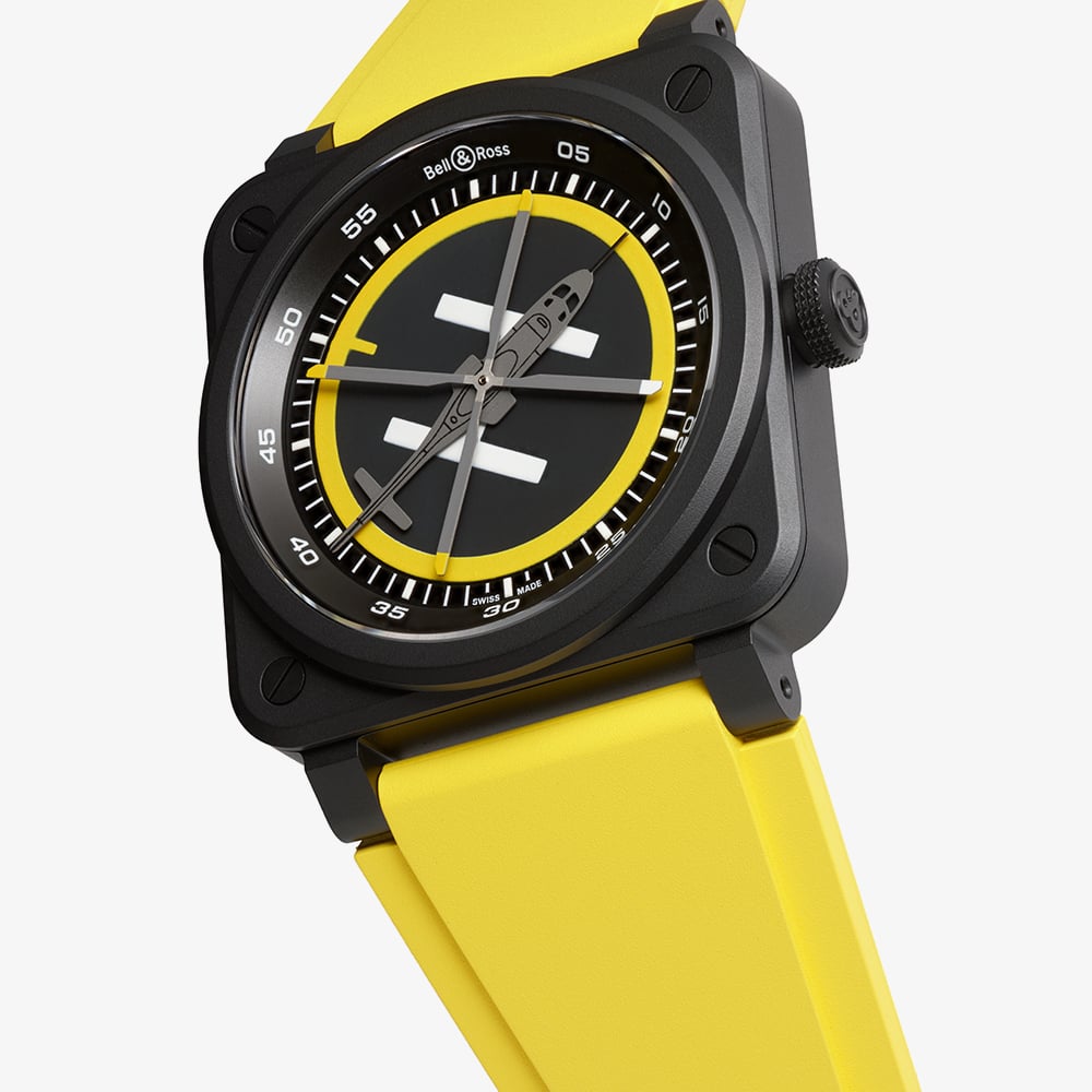 Bell & Ross Mens Limited Edition Helipad Yellow Rubber Strap Watch BR03A-HE-CE/SRB