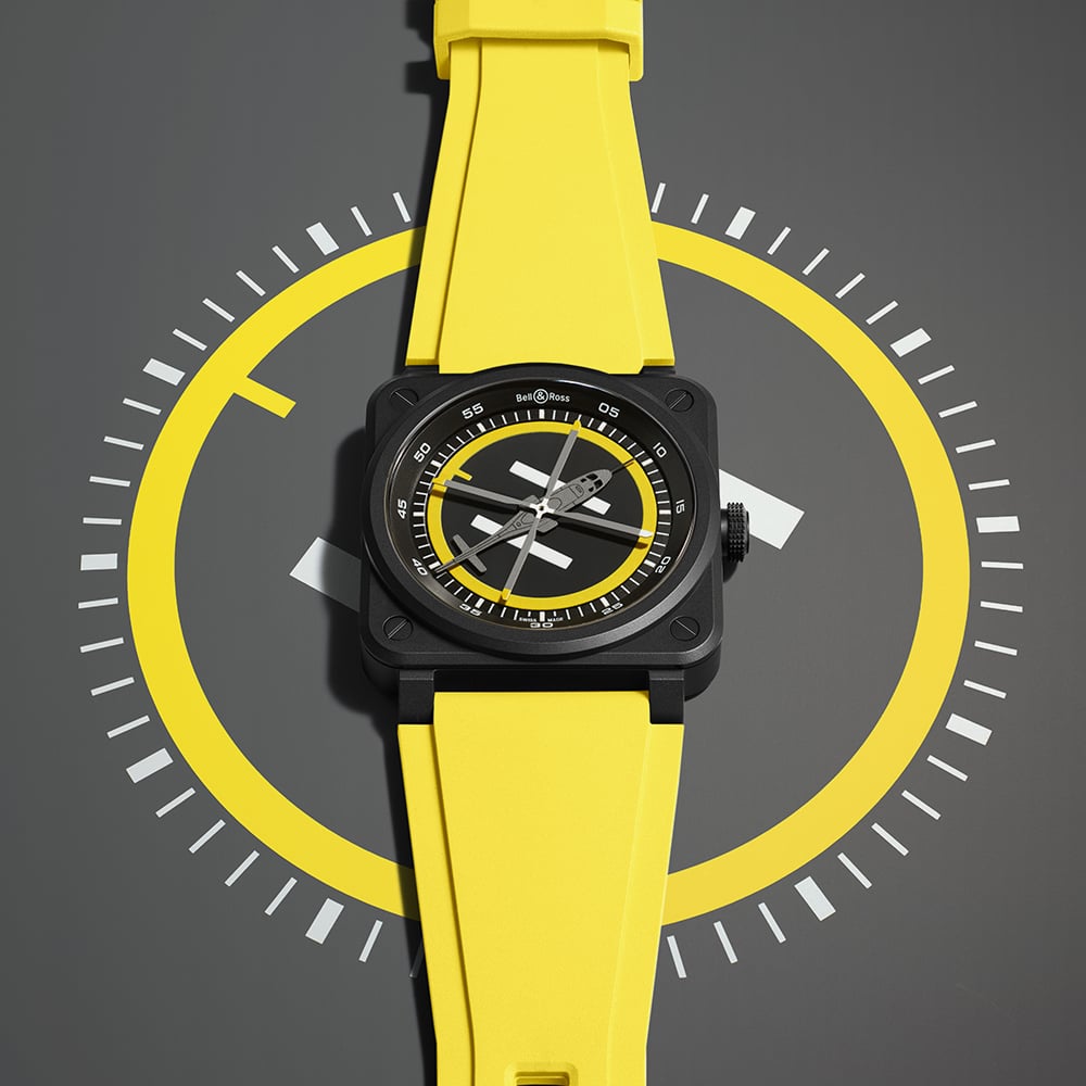Bell & Ross Mens Limited Edition Helipad Yellow Rubber Strap Watch BR03A-HE-CE/SRB