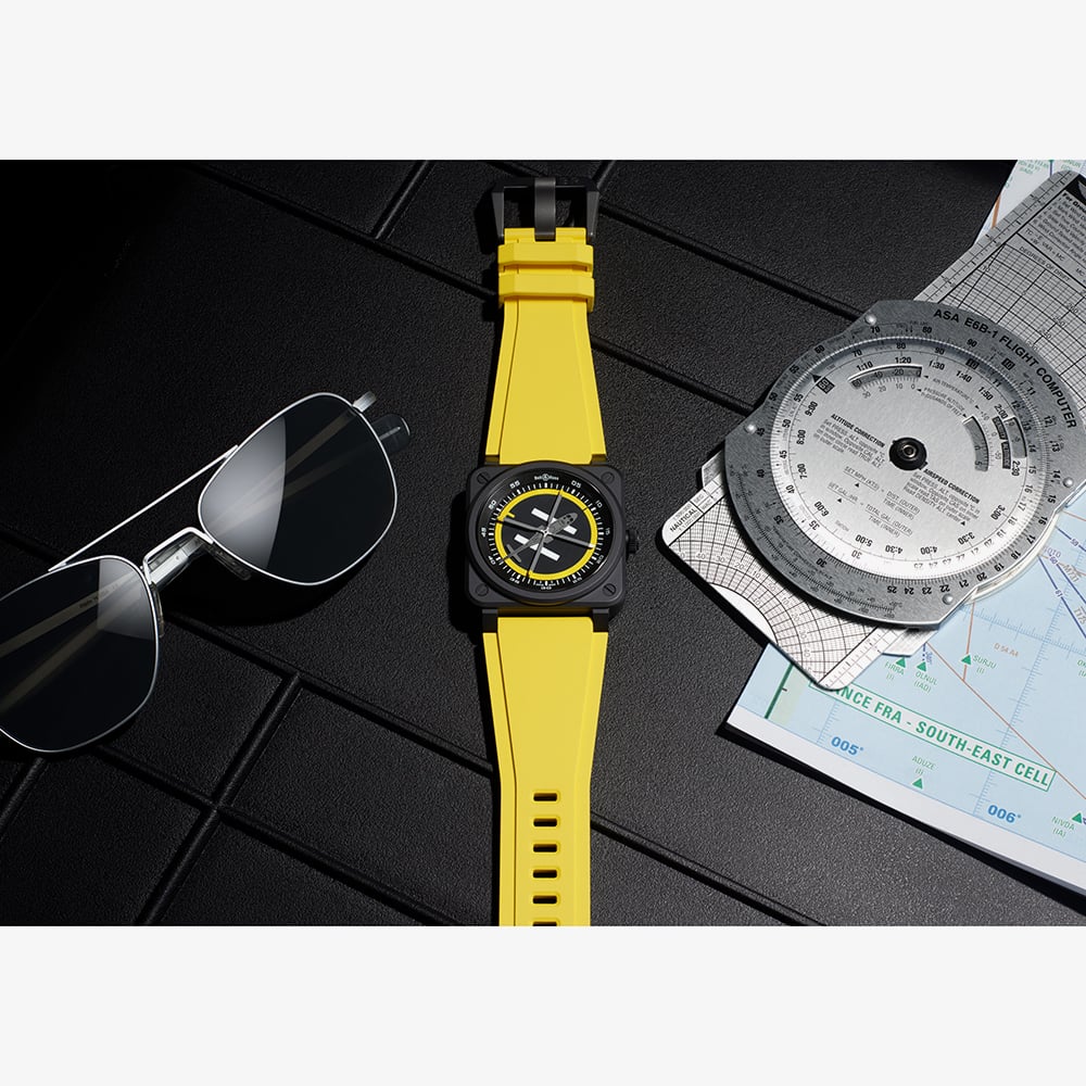 Bell & Ross Mens Limited Edition Helipad Yellow Rubber Strap Watch BR03A-HE-CE/SRB