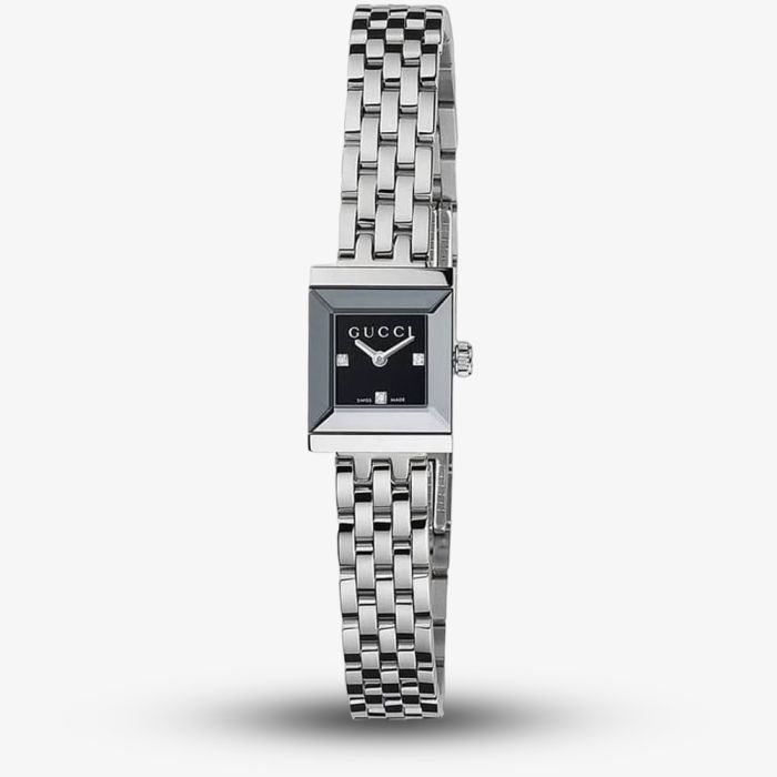 Gucci Ladies G Frame Square Black Diamond Set Dial Stainless Steel Bracelet Watch YA128507