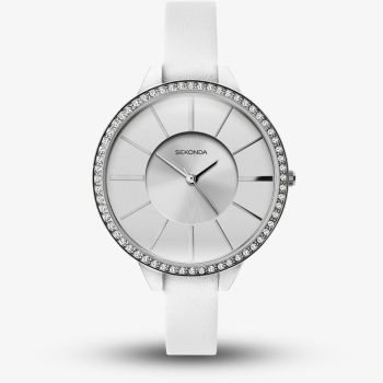 Sekonda Ladies White Crystal Set Leather Strap Watch 40002