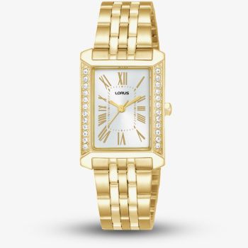 Lorus Ladies Rectangular White Dial Golden Bracelet Watch RG238YX9